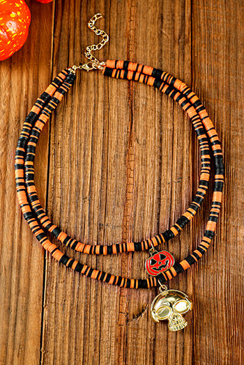 Orange Skull Pumpkin Face Pendant Layered Beaded Halloween Necklace