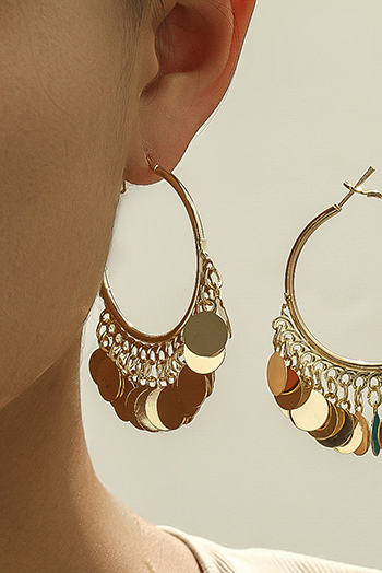 Gold Disc Tasseled Hoop Earrings