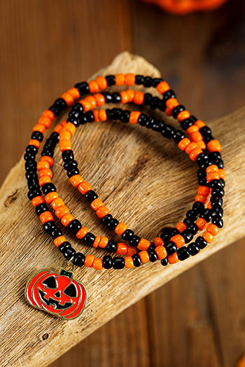 Orange Pumpkin Face Pendant Rice Beaded Halloween Necklace