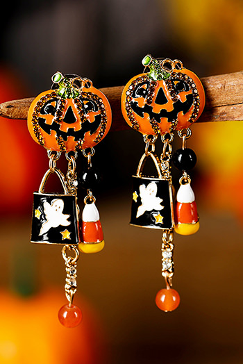 Orange Halloween Rhinestone Pumpkin Ghost Tassel Earrings