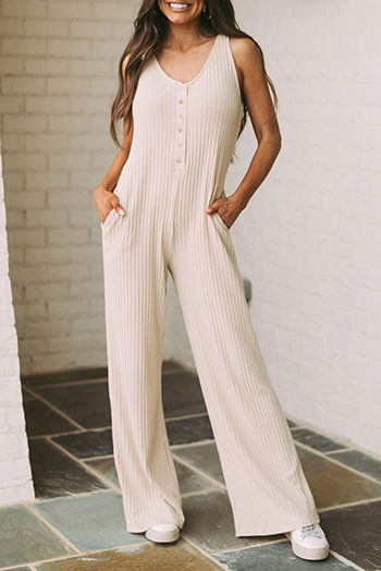 Apricot Sleeveless Buttoned Ribbed Wide Leg Jumpsuit with Pockets