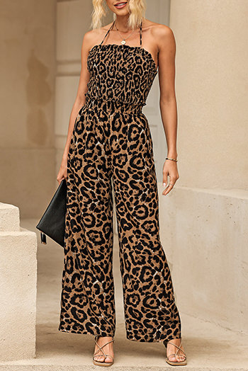 Leopard Print Halter Neck Backless Wide Leg Jumpsuit