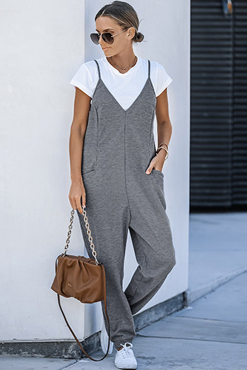 Gray Textured Sleeveless V Neck Pocketed Casual Jumpsuit