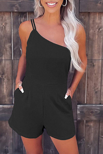 Black Blue One Shoulder Invisible Zip Side Pocketed Romper