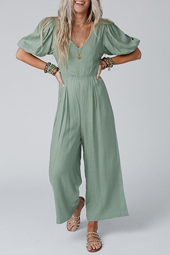 Green V Neck Puff Sleeve Hollow Out Wide Leg Jumpsuit