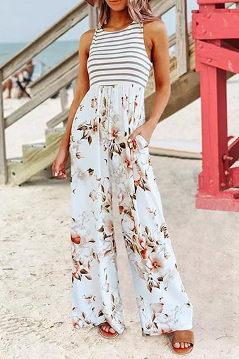 White Striped Floral Pocket Sleeveless Jumpsuit