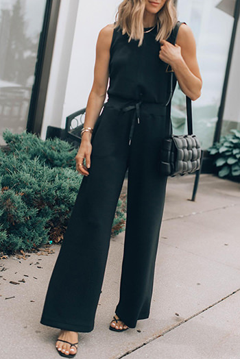 Black Solid Sleeveless Wide Leg Jumpsuit