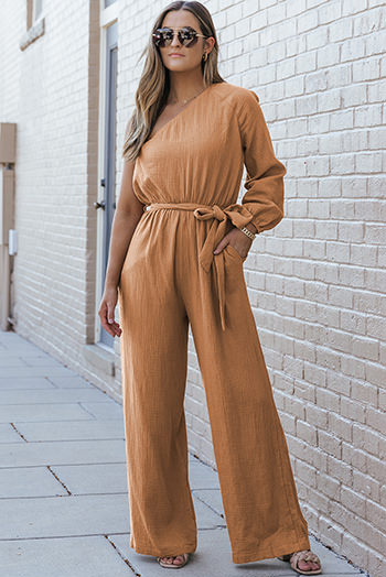 Khaki Crinkled Texture One-shoulder Loose Jumpsuit