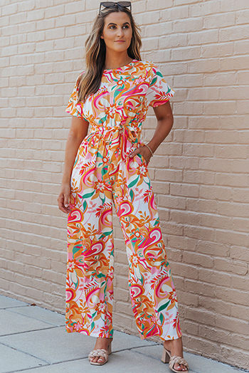 Multicolor Floral Abstract Print Belted Keyhole Back Jumpsuit