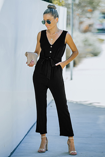 Black V Neck Button Belted Jumpsuit with Pockets