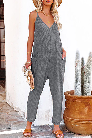 Gray Textured Sleeveless V Neck Pocketed Casual Jumpsuit