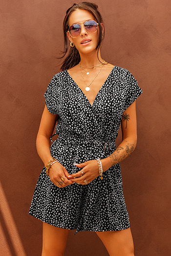 Black Leopard Print Belted V Neck Short Sleeve Romper