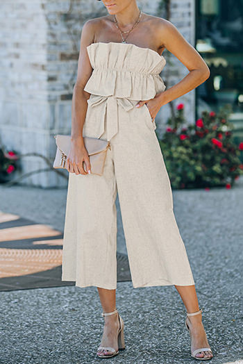 Beige Ruffled Strapless Wide Leg Jumpsuit