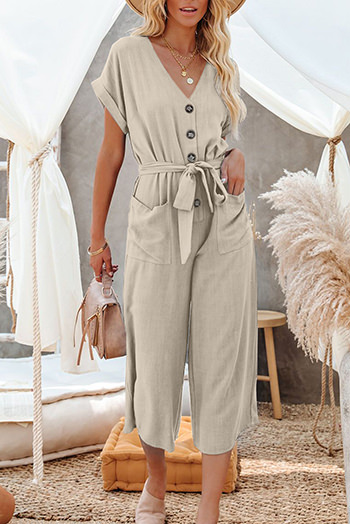 Khaki V Neck Pocketed Jumpsuit