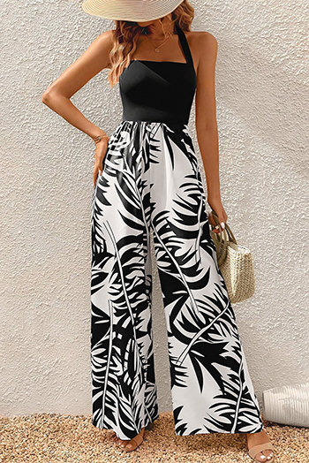 Black Halter Tropical Plant Print Wide Leg Jumpsuit