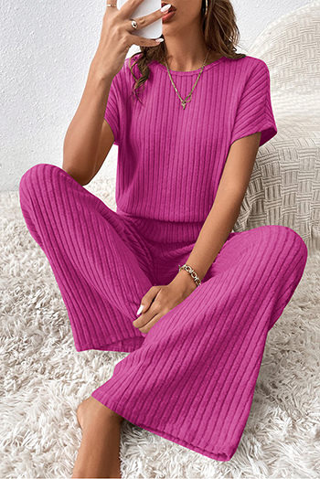 Rose Red Solid Color Ribbed Short Sleeve Wide Leg Jumpsuit