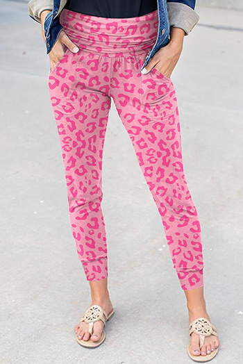 Pink Leopard Print Ankle-length High Waist Skinny Pants