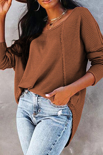 Brown Waffle Knit Splicing Buttons Long Sleeve Top