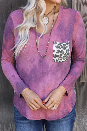 Rose Tie Dye Leopard Patchwork Pocket V Neck Top