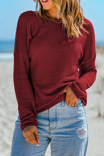 Red Waffle Knit Drop Shoulder Long Sleeve Top