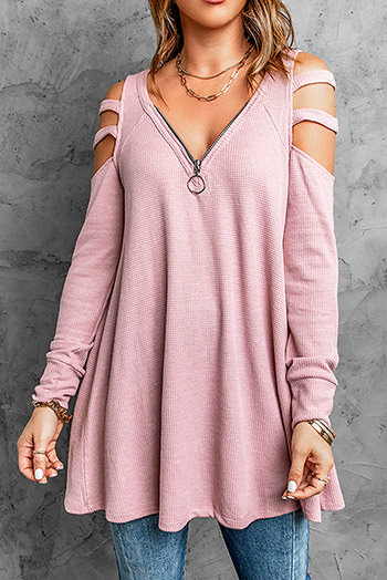 Pink Zip Neck Cut-Out Waffle Knit Long Sleeve Top