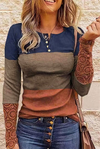 Blue Ribbed Lace Splicing Color Block Long Sleeve Top