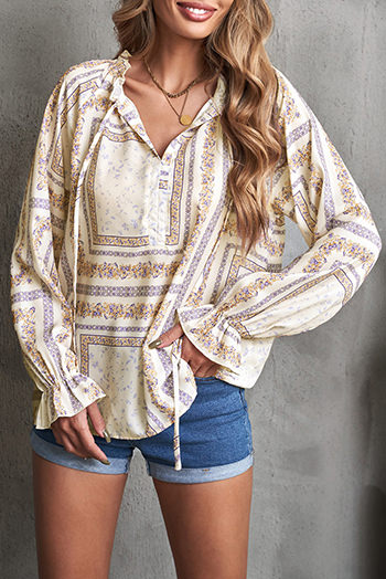 Beige V Neck Lantern Sleeve Drawstring Tribal Print Top