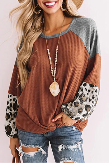 Leopard Long Sleeve Waffle Knit Orange Blouse with Twist Knot