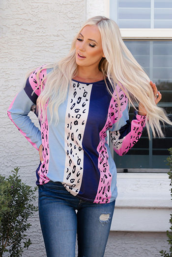 Leopard Color Block Leopard Long Sleeve Blouse