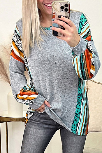 Gray Leopard Serape Drop Shoulder Bubble Sleeves Knit Top