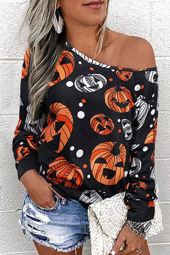 Black Halloween Pumpkin Face Crew Neck Top