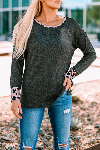 Black Leopard Contrast Trim Knit Top