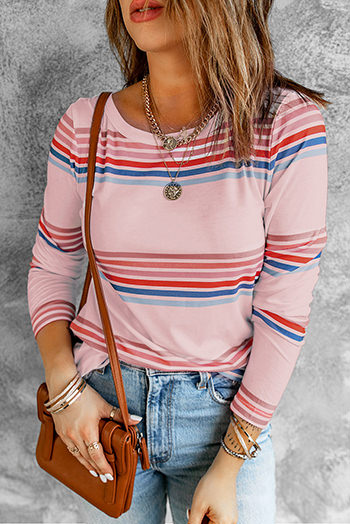 Pink Stripe Print Crew Neck Long Sleeve Top