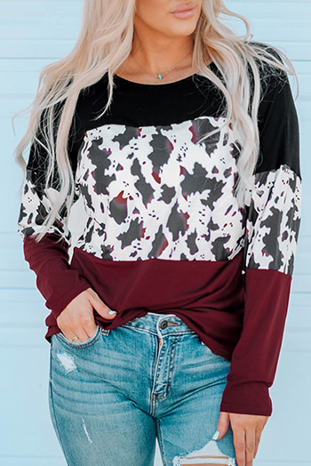 Cow Print Color Block Long Sleeve Blouse