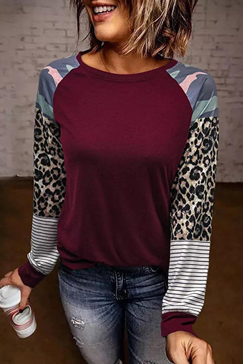 Burgundy Camouflage Striped Leopard Splicing Blouse