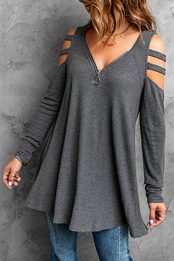 Gray Zip Neck Cut-Out Waffle Knit Long Sleeve Top