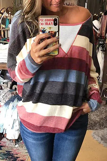 Multicolor Striped Mesh Splicing Round Neck Long Sleeve Top