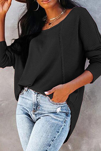 Black Waffle Knit Splicing Buttons Long Sleeve Top