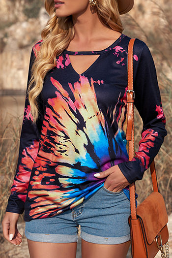 Rainbow Color Tie Dye Cut-Out Long Sleeve Blouse