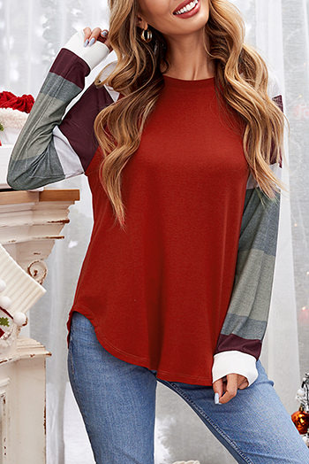 Color Block Long Sleeves Burgundy Pullover Top