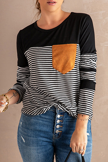 Black Pinstripe Patch Pocket Top