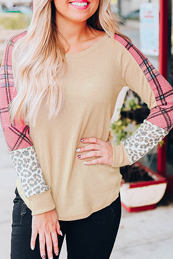 Khaki Checkered Leopard Raglan Sleeve Top