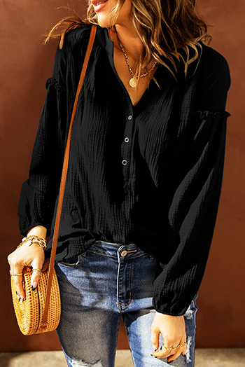 Black Casual Balloon Sleeve Crinkled Top