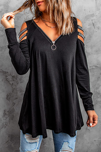 Solid Sequins Cold Shoulder Long Sleeve Top