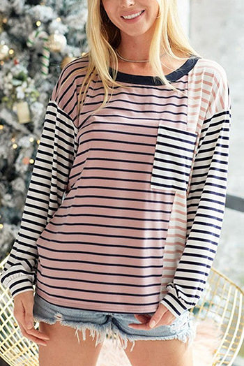 Striped Patchwork Pocketed Long Sleeve Top