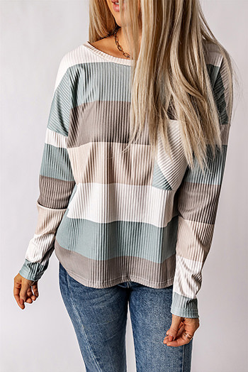 Green Color Block Ribbed Long Sleeve Top with Pocket