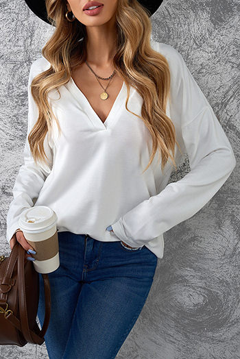 White Turn-Down V Neck Long Sleeve Top