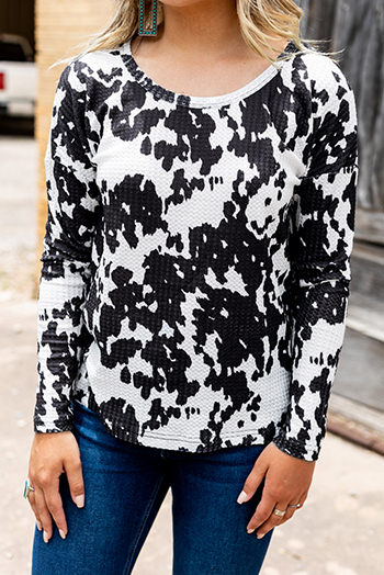 Cow Print U Neck Long Sleeve Top