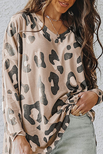 Khaki Leopard V Neck Drop Shoulder Long Sleeve Top