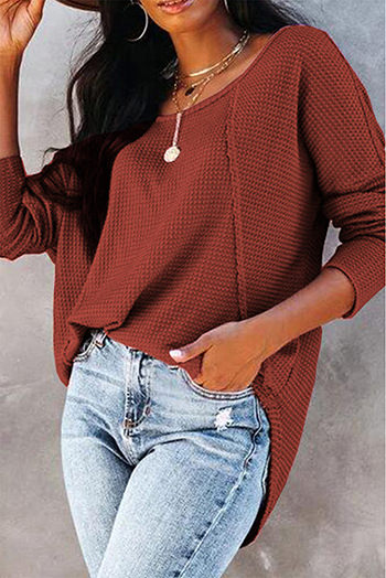 Red Waffle Knit Splicing Buttons Long Sleeve Top